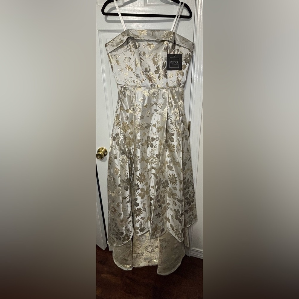 NWT IEENA FOR MAC DUGGAL SZ 10 WHITE/GOLD STRAPLESS BROCADE  FLORAL DRESS #49619